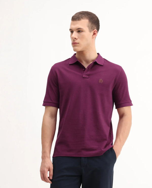 Rare Rabbit Men Pare-1 Dark Purple Cotton Fabric Short Sleeve Collared Neck Regular Fit Printed Polo