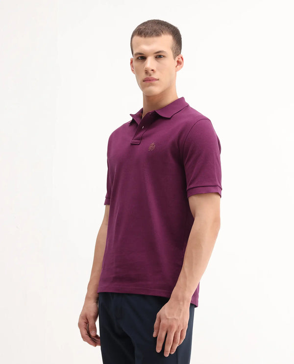 Rare Rabbit Men Pare-1 Dark Purple Cotton Fabric Short Sleeve Collared Neck Regular Fit Printed Polo