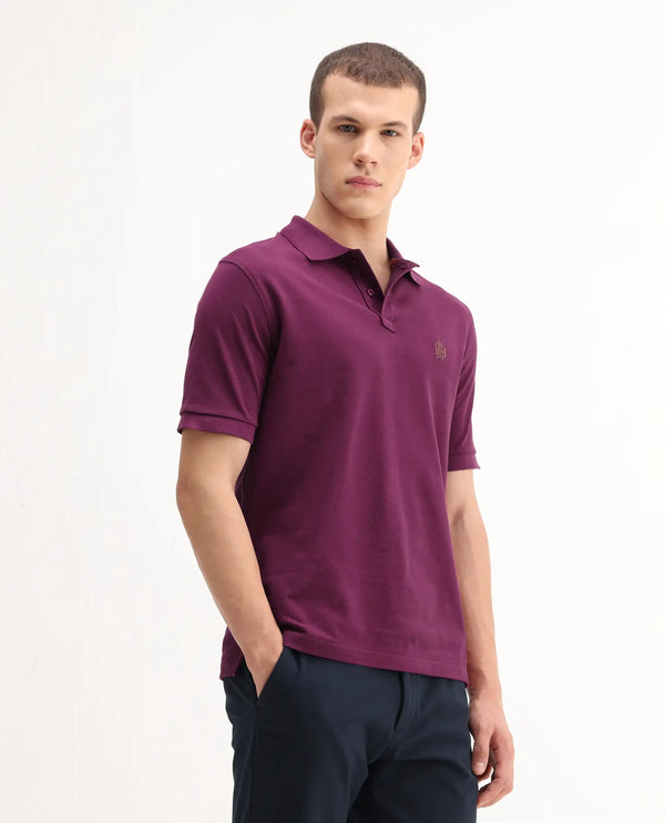 Rare Rabbit Men Pare-1 Dark Purple Cotton Fabric Short Sleeve Collared Neck Regular Fit Printed Polo