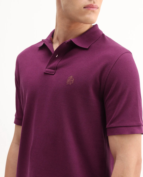 Rare Rabbit Men Pare-1 Dark Purple Cotton Fabric Short Sleeve Collared Neck Regular Fit Printed Polo