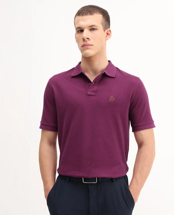 Rare Rabbit Men Pare-1 Dark Purple Cotton Fabric Short Sleeve Collared Neck Regular Fit Printed Polo