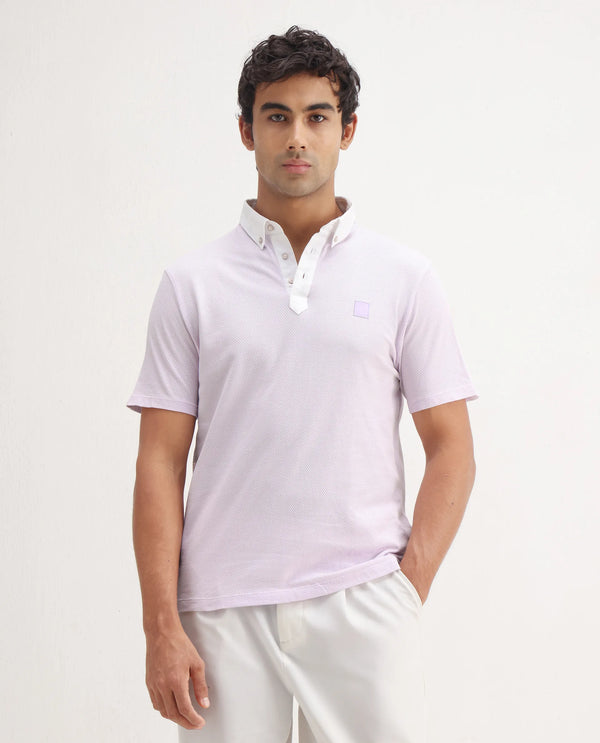 Rare Rabbit Men's Parmat Light Purple Cotton Fabric Collared Neck Half Sleeves Woven Textured Popcorn Polo T-Shirt