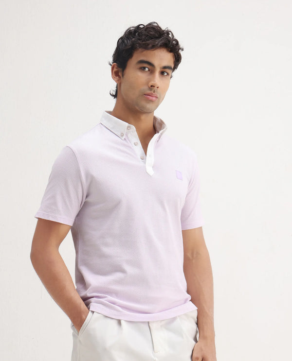 Rare Rabbit Men's Parmat Light Purple Cotton Fabric Collared Neck Half Sleeves Woven Textured Popcorn Polo T-Shirt