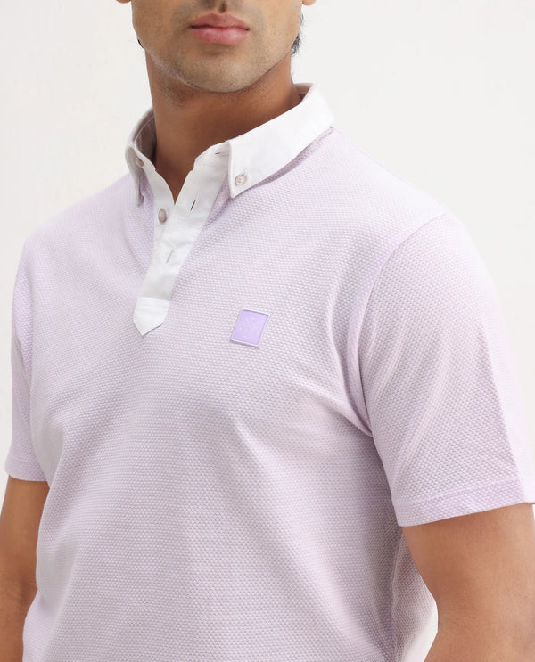 Rare Rabbit Men's Parmat Light Purple Cotton Fabric Collared Neck Half Sleeves Woven Textured Popcorn Polo T-Shirt