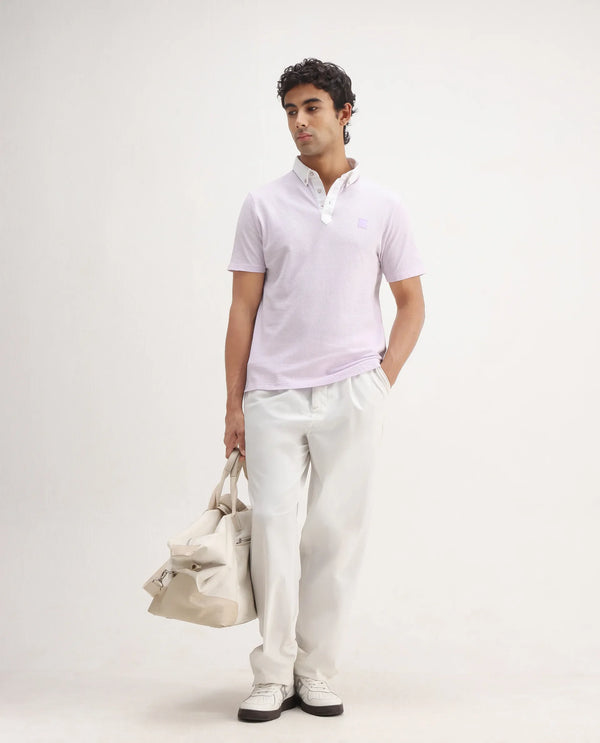 Rare Rabbit Men's Parmat Light Purple Cotton Fabric Collared Neck Half Sleeves Woven Textured Popcorn Polo T-Shirt