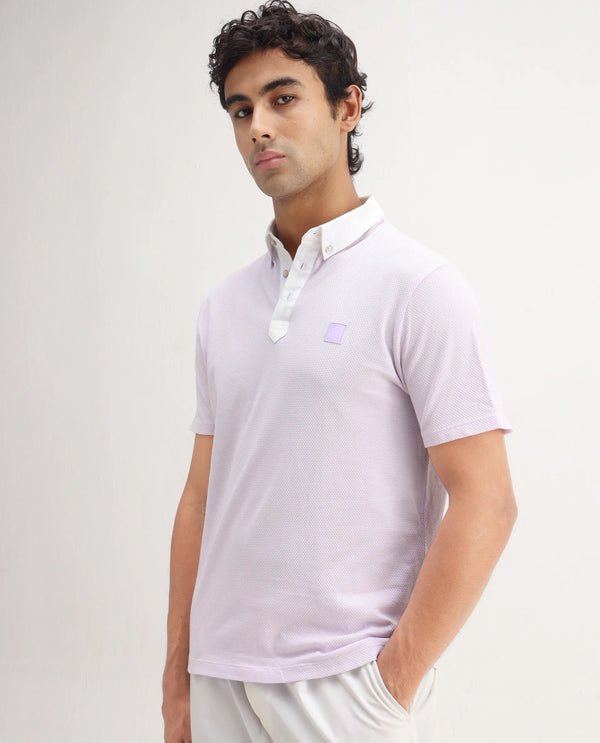 Rare Rabbit Men's Parmat Light Purple Cotton Fabric Collared Neck Half Sleeves Woven Textured Popcorn Polo T-Shirt
