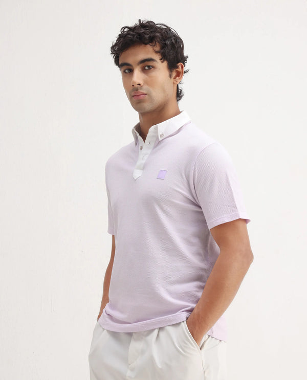 Rare Rabbit Men's Parmat Light Purple Cotton Fabric Collared Neck Half Sleeves Woven Textured Popcorn Polo T-Shirt