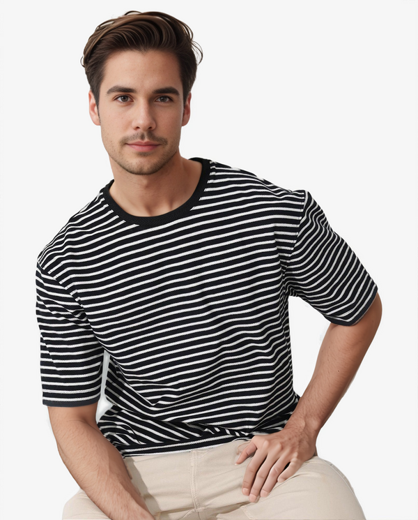Rare Rabbit Mens Paskot Navy Short Sleeve Stripe Print Oversized T-Shirt