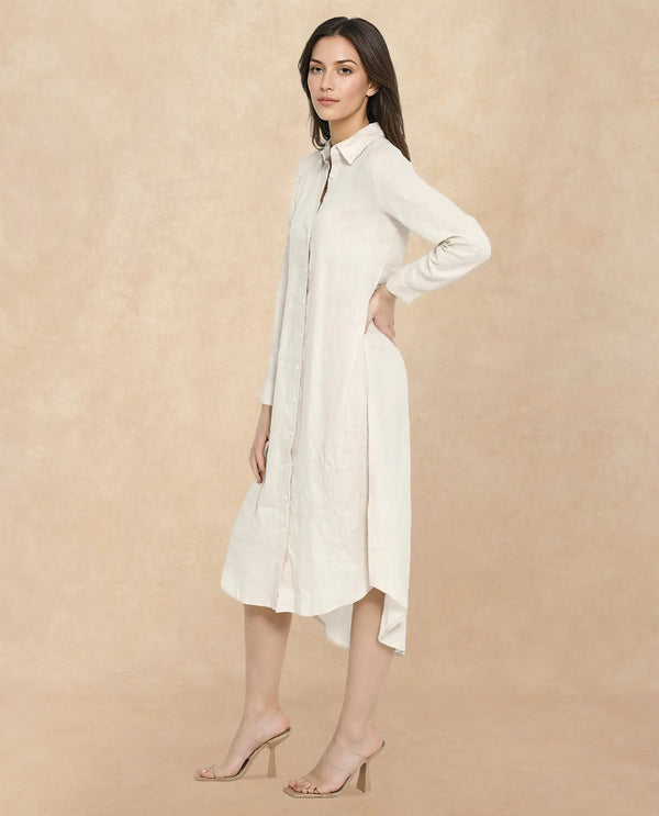 Rareism Women Peruviano Beige Cotton Linen Fabric Full Sleeve Collared Neck Solid Regular Length Dress