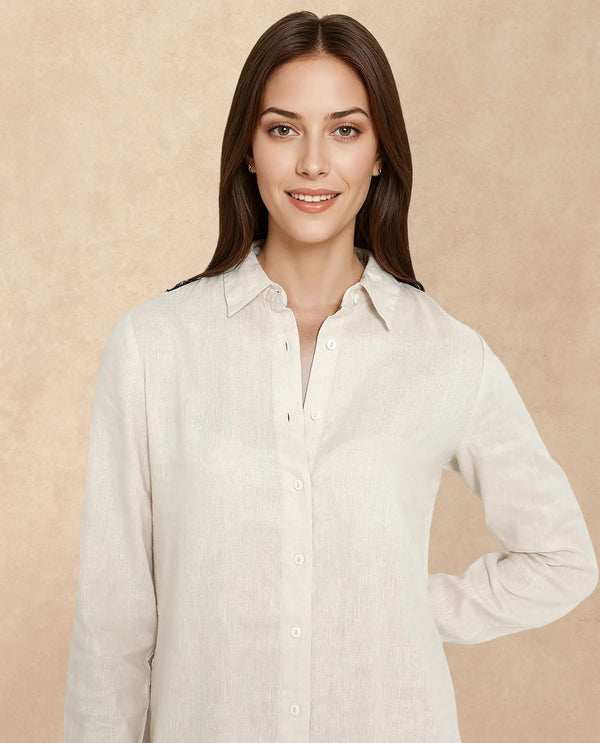 Rareism Women Peruviano Beige Cotton Linen Fabric Full Sleeve Collared Neck Solid Regular Length Dress