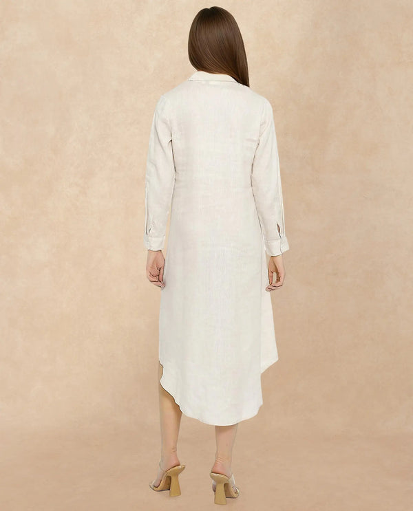 Rareism Women Peruviano Beige Cotton Linen Fabric Full Sleeve Collared Neck Solid Regular Length Dress