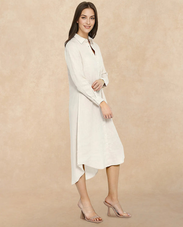 Rareism Women Peruviano Beige Cotton Linen Fabric Full Sleeve Collared Neck Solid Regular Length Dress