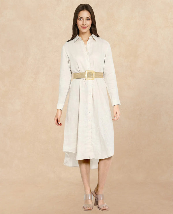 Rareism Women Peruviano Beige Cotton Linen Fabric Full Sleeve Collared Neck Solid Regular Length Dress