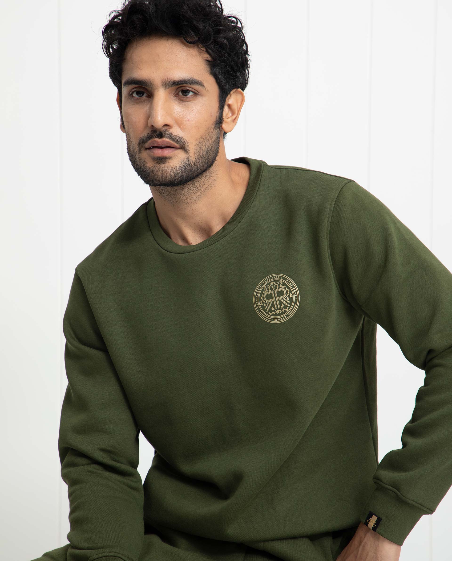 Rare Rabbit Men's Pine Olive Cotton Polyester Fabric Full Sleeves Logo Graphic Print Knitted Sweatshirt