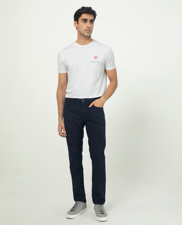 Rare Rabbit Men's Poke-2 Navy Solid Mid-Rise Regular Fit Trouser