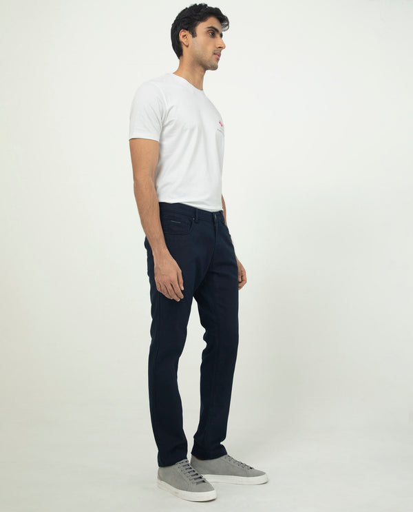 Rare Rabbit Men's Poke-2 Navy Solid Mid-Rise Regular Fit Trouser