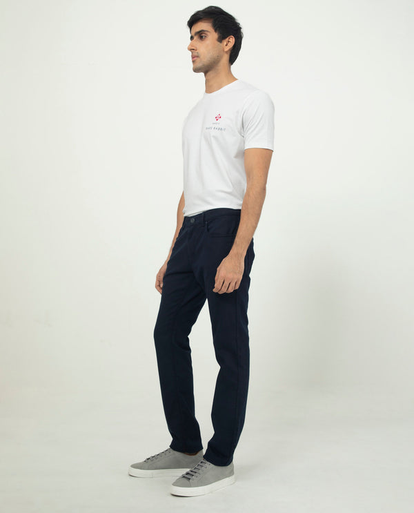 Rare Rabbit Men's Poke-2 Navy Solid Mid-Rise Regular Fit Trouser