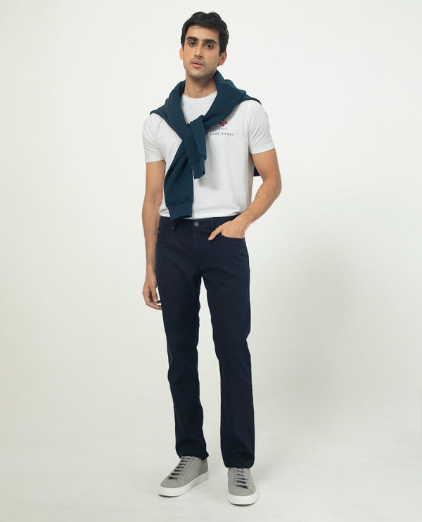 Rare Rabbit Men's Poke-2 Navy Solid Mid-Rise Regular Fit Trouser
