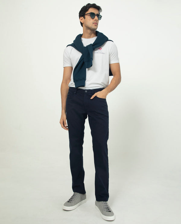 Rare Rabbit Men's Poke-2 Navy Solid Mid-Rise Regular Fit Trouser