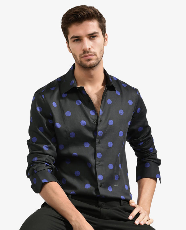 Rare Rabbit Men's Polko Black Modal Cotton Fabric Polka Dot Print Full Sleeves  Shirt