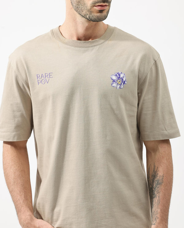 Rare Rabbit Articale Men's Pov Dusky Beige Cotton Polyester Fabric Crew Neck Oversized Fit Graphic Print T-Shirt