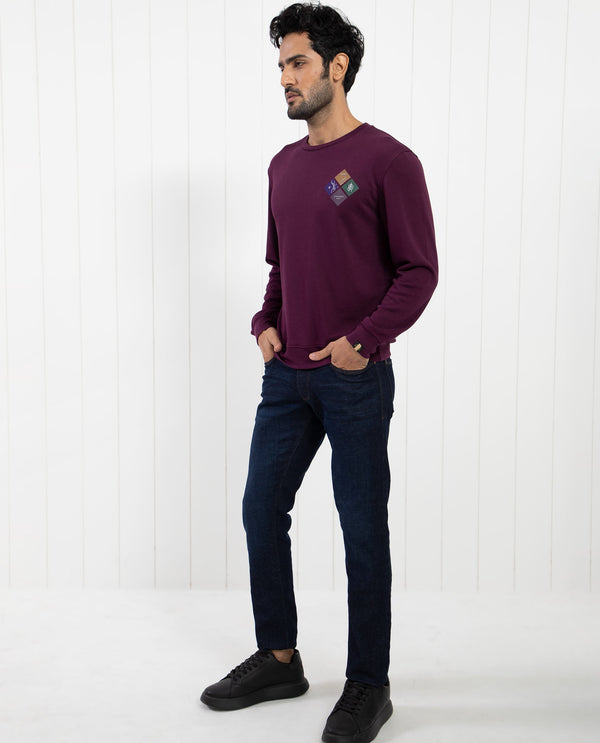 Rare Rabbit Men's Praise Maroon Cotton Polyester Fabric Full Sleeves Graphic Branding Print Sweatshirt