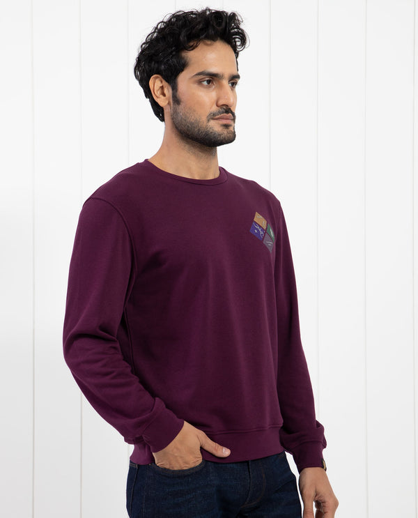 Rare Rabbit Men's Praise Maroon Cotton Polyester Fabric Full Sleeves Graphic Branding Print Sweatshirt