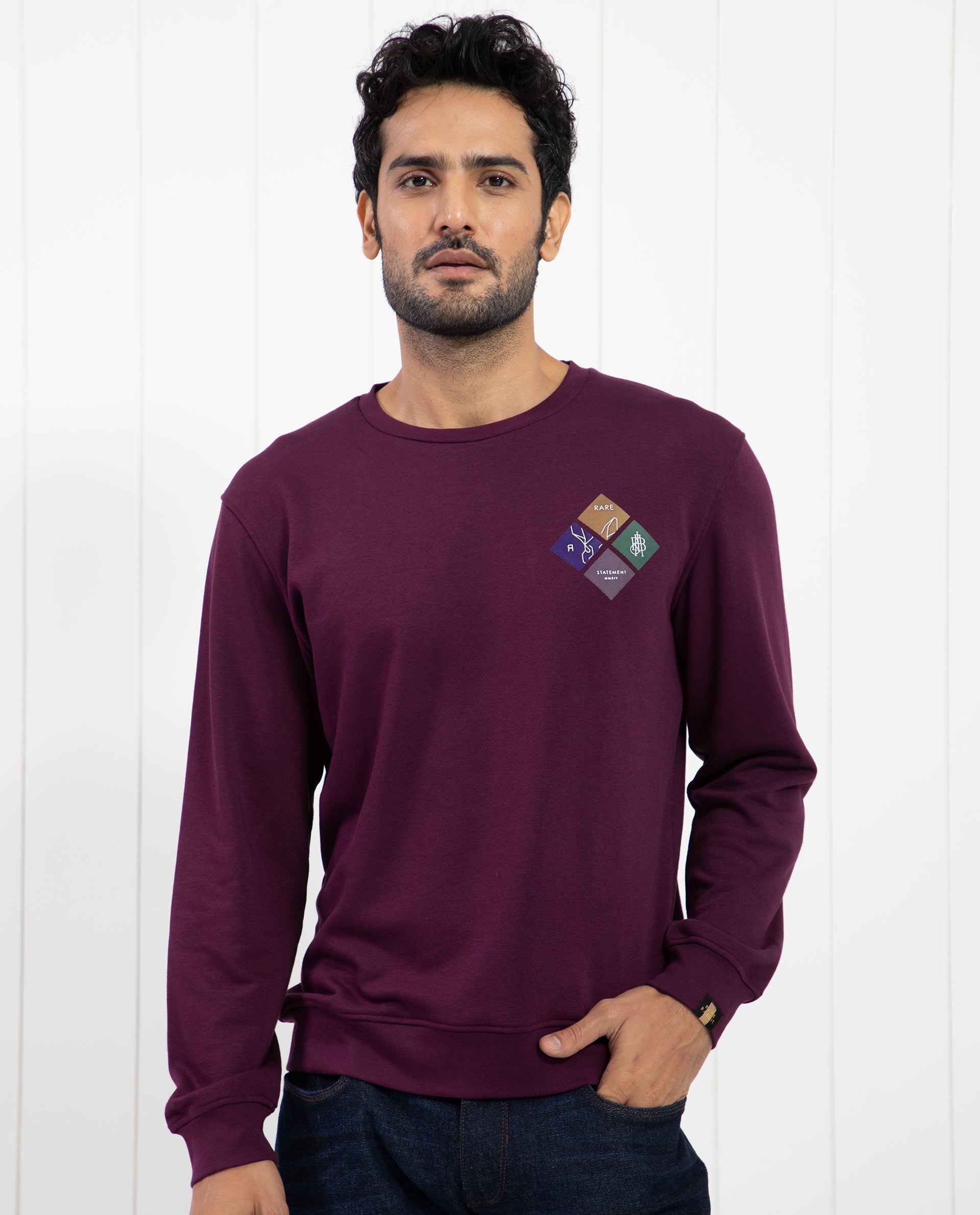 Rare Rabbit Men's Praise Maroon Cotton Polyester Fabric Full Sleeves Graphic Branding Print Sweatshirt