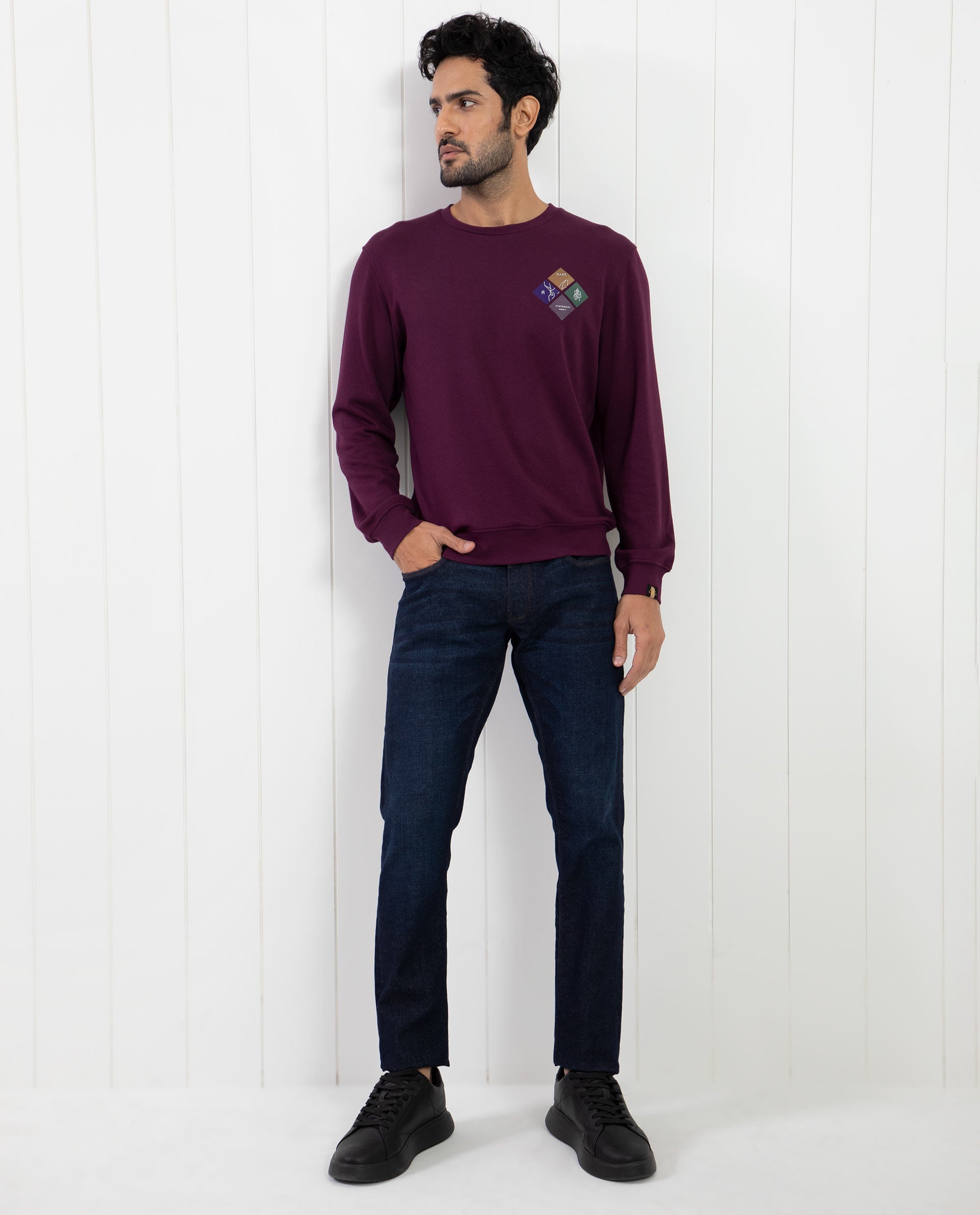 Rare Rabbit Men's Praise Maroon Cotton Polyester Fabric Full Sleeves Graphic Branding Print Sweatshirt