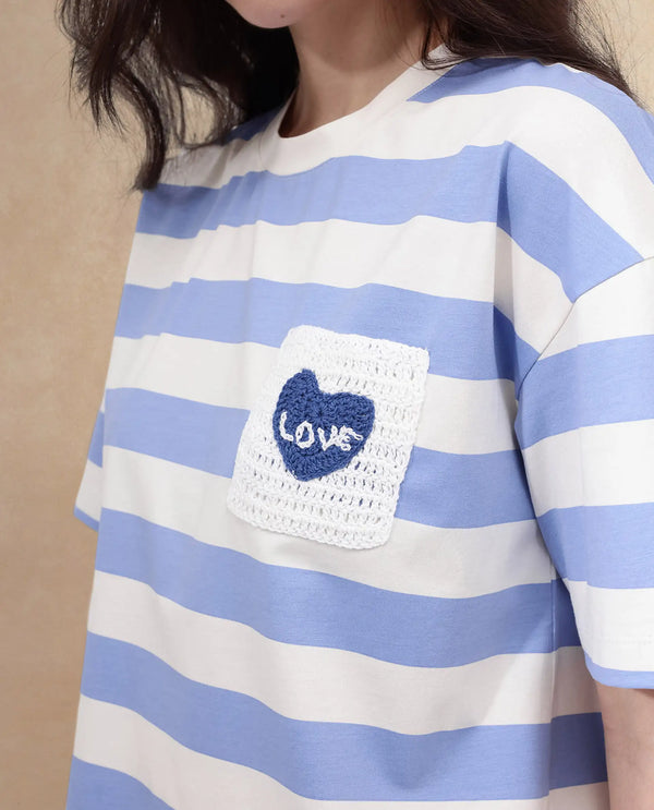 Rareism Women Prandant Blue Cotton Elastane Fabric Crew Neck Knit Stripe T-Shirt