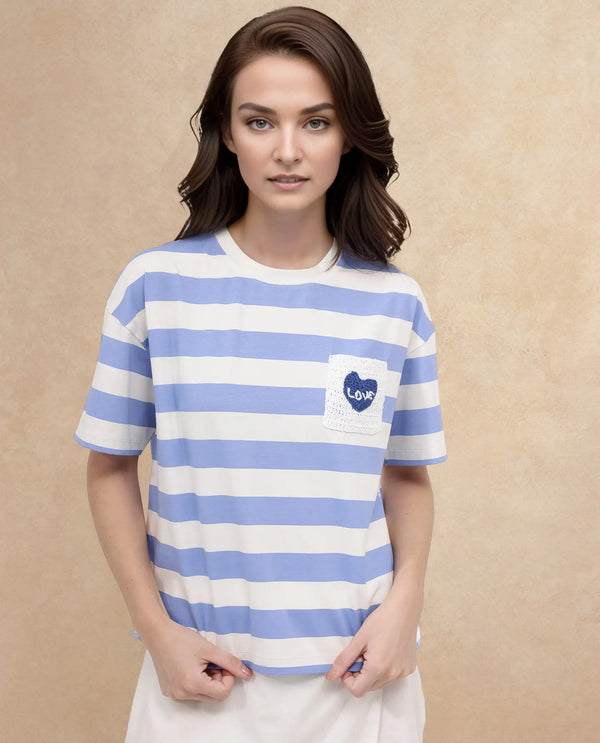 Rareism Women Prandant Blue Cotton Elastane Fabric Crew Neck Knit Stripe T-Shirt