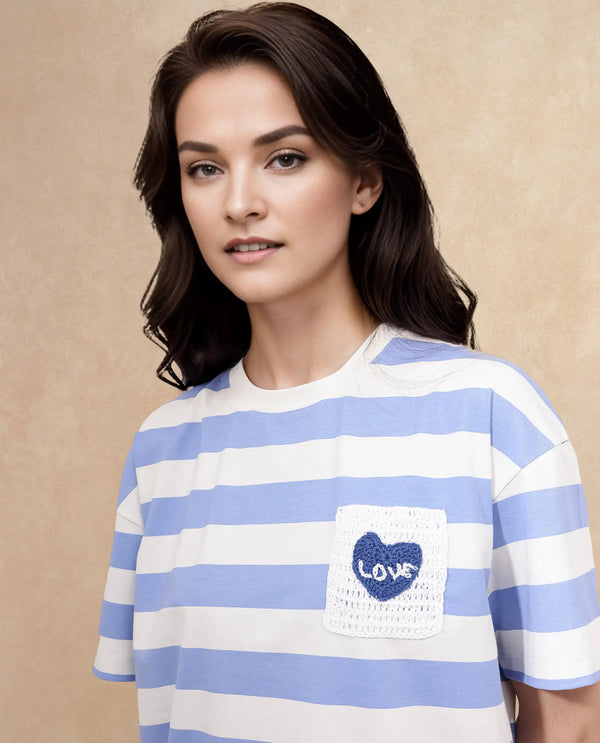 Rareism Women Prandant Blue Cotton Elastane Fabric Crew Neck Knit Stripe T-Shirt