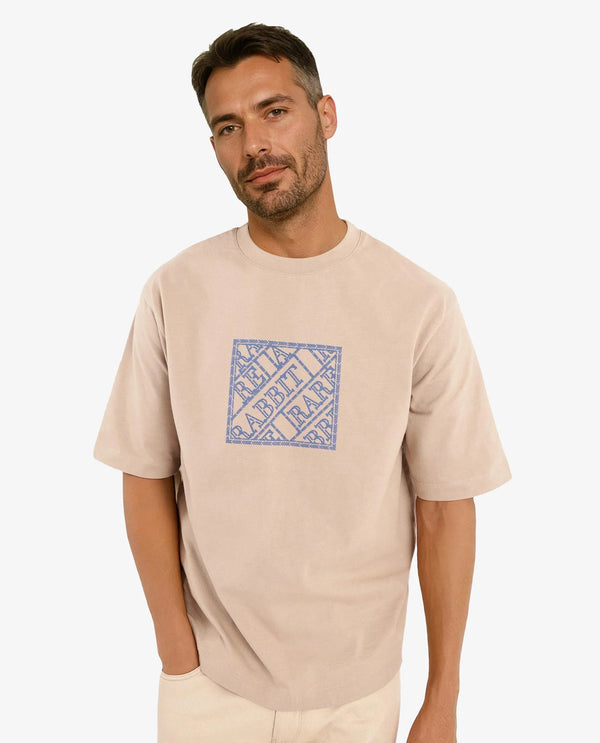 Rare Rabbit Men Pree Beige Short Sleeve Crew Neck Oversized Fit Embroidered T-Shirt