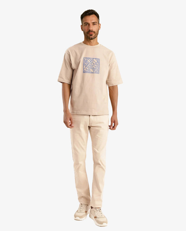 Rare Rabbit Men Pree Beige Short Sleeve Crew Neck Oversized Fit Embroidered T-Shirt