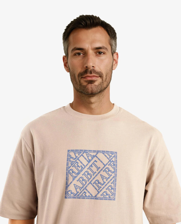Rare Rabbit Men Pree Beige Short Sleeve Crew Neck Oversized Fit Embroidered T-Shirt
