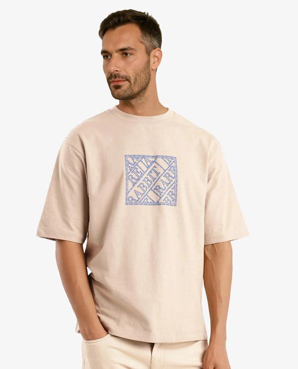 Rare Rabbit Men Pree Beige Short Sleeve Crew Neck Oversized Fit Embroidered T-Shirt
