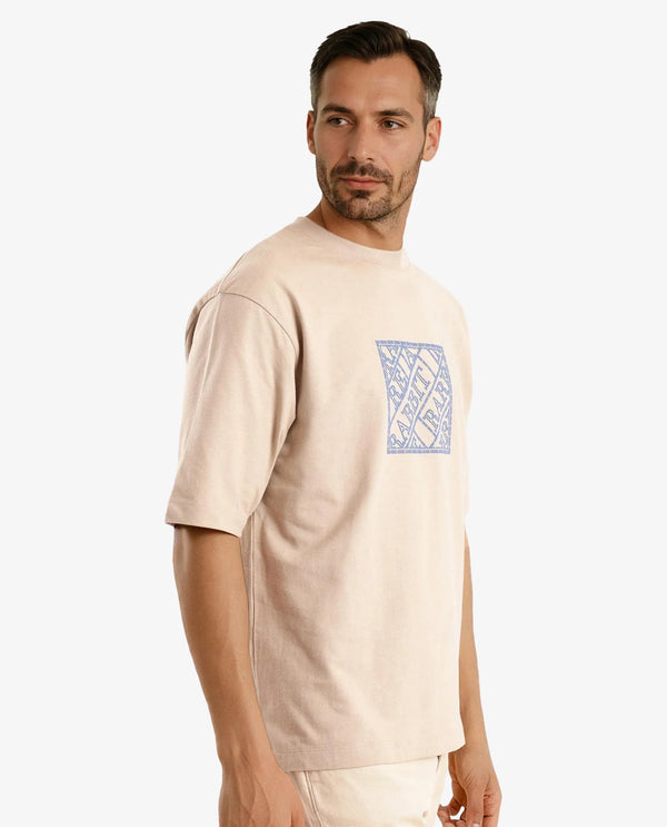 Rare Rabbit Men Pree Beige Short Sleeve Crew Neck Oversized Fit Embroidered T-Shirt