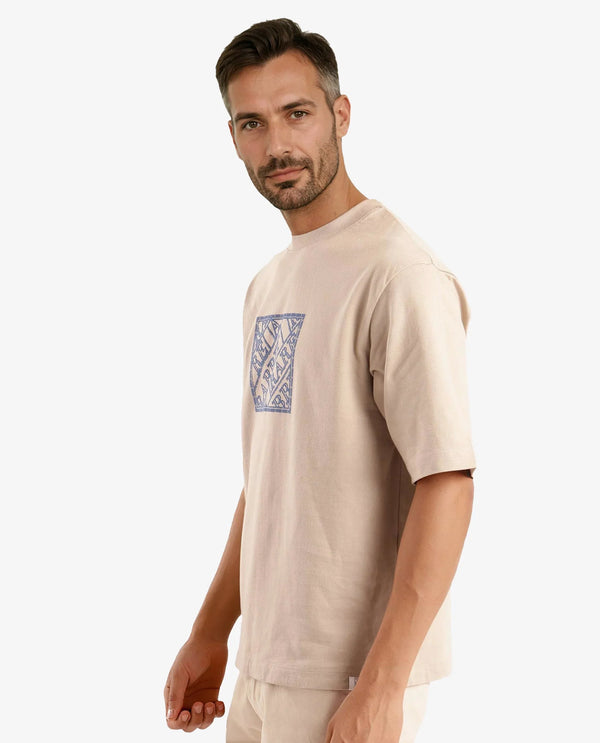 Rare Rabbit Men Pree Beige Short Sleeve Crew Neck Oversized Fit Embroidered T-Shirt