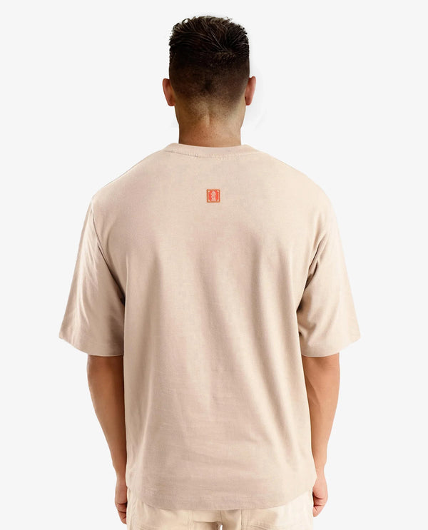 Rare Rabbit Men Pree Beige Short Sleeve Crew Neck Oversized Fit Embroidered T-Shirt