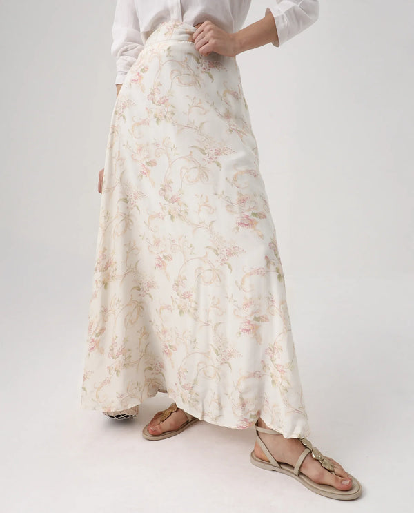Rareism Women Prelio Off White Viscose Blend Fabric Zipper A-Line Maxi Floral Print Skirt