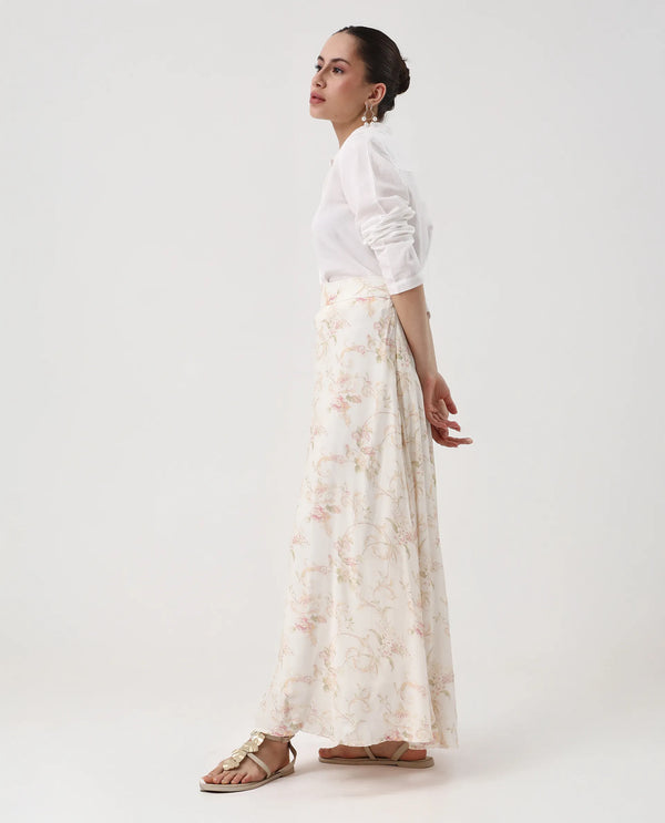 Rareism Women Prelio Off White Viscose Blend Fabric Zipper A-Line Maxi Floral Print Skirt