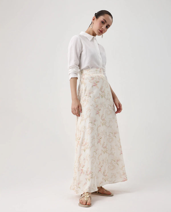 Rareism Women Prelio Off White Viscose Blend Fabric Zipper A-Line Maxi Floral Print Skirt