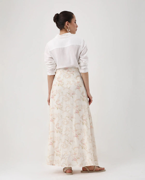 Rareism Women Prelio Off White Viscose Blend Fabric Zipper A-Line Maxi Floral Print Skirt