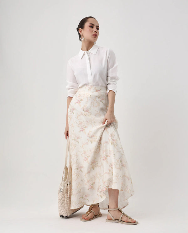 Rareism Women Prelio Off White Viscose Blend Fabric Zipper A-Line Maxi Floral Print Skirt