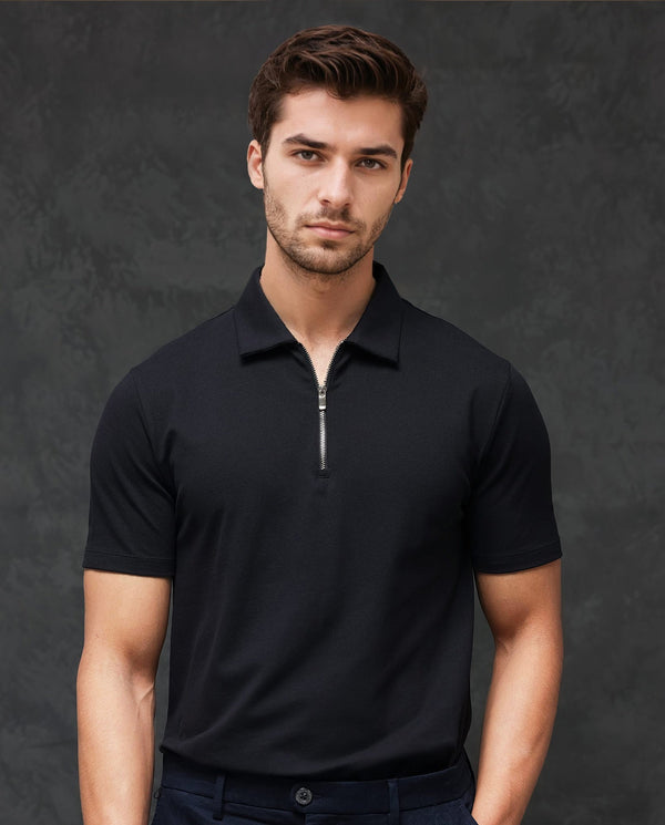 Rare Rabbit Men's Prin-2 Black Cotton Lycra Fabric Short Sleeve Collared Neck Zipper Closure Plain Polo