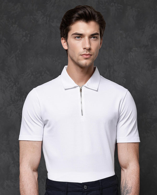 Rare Rabbit Mens Prin-1 White Cotton Fabric Collared Neck Zipper Closure Half Sleeves Polo T-Shirt