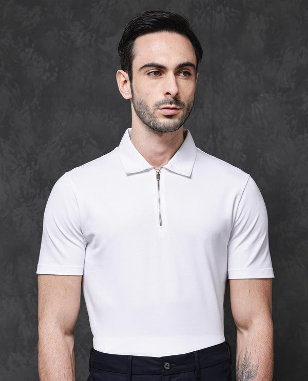 Rare Rabbit Mens Prin-1 White Cotton Fabric Collared Neck Zipper Closure Half Sleeves Polo T-Shirt