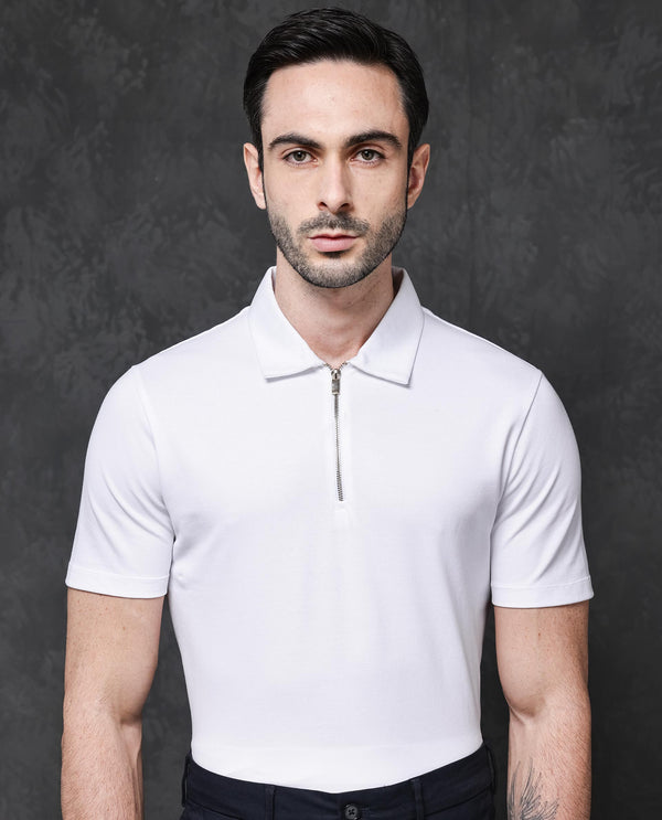 Rare Rabbit Mens Prin-1 White Cotton Fabric Collared Neck Zipper Closure Half Sleeves Polo T-Shirt