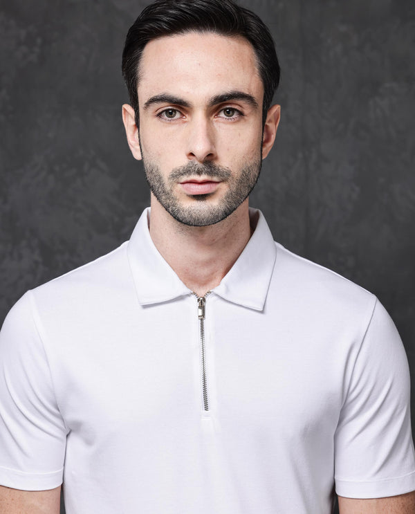 Rare Rabbit Mens Prin-1 White Cotton Fabric Collared Neck Zipper Closure Half Sleeves Polo T-Shirt