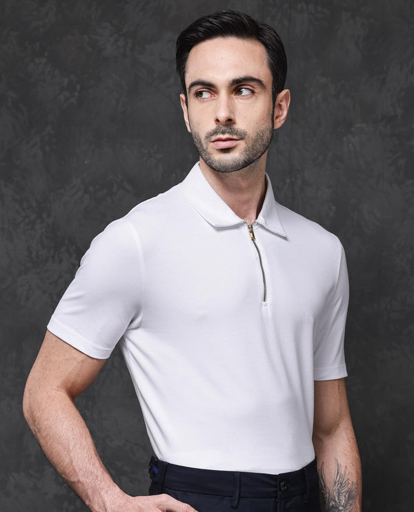 Rare Rabbit Mens Prin-1 White Cotton Fabric Collared Neck Zipper Closure Half Sleeves Polo T-Shirt